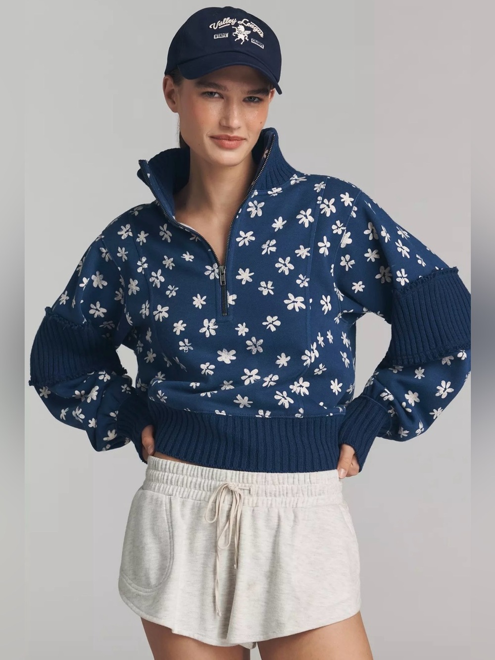 Anthropologie Daily Practice Indy Half Zip Floral Pullover Sweatshirt Small Blue